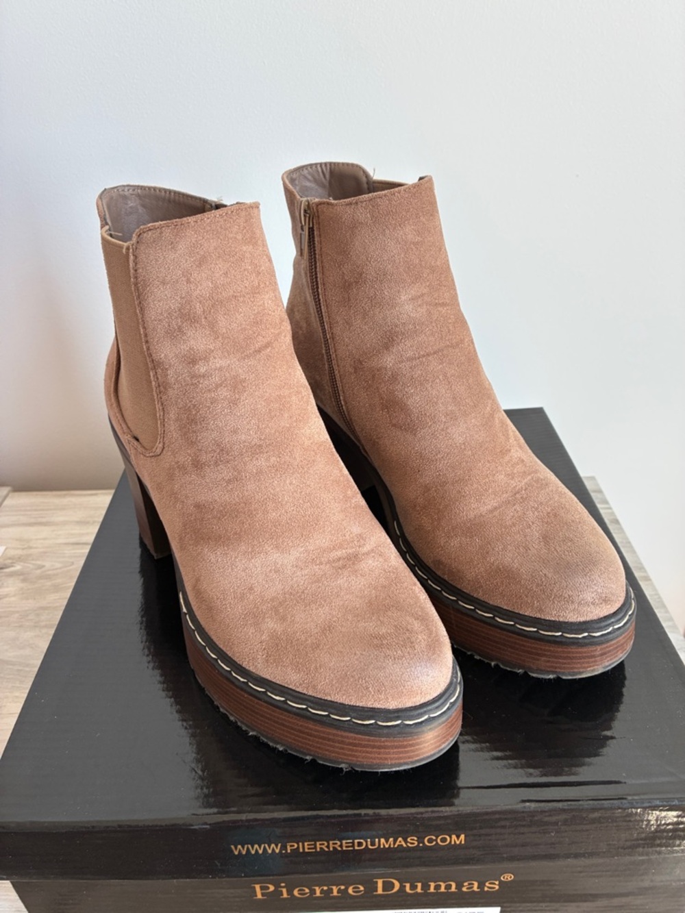 Pierre Dumas Taupe Suede Platform Ankle Booties